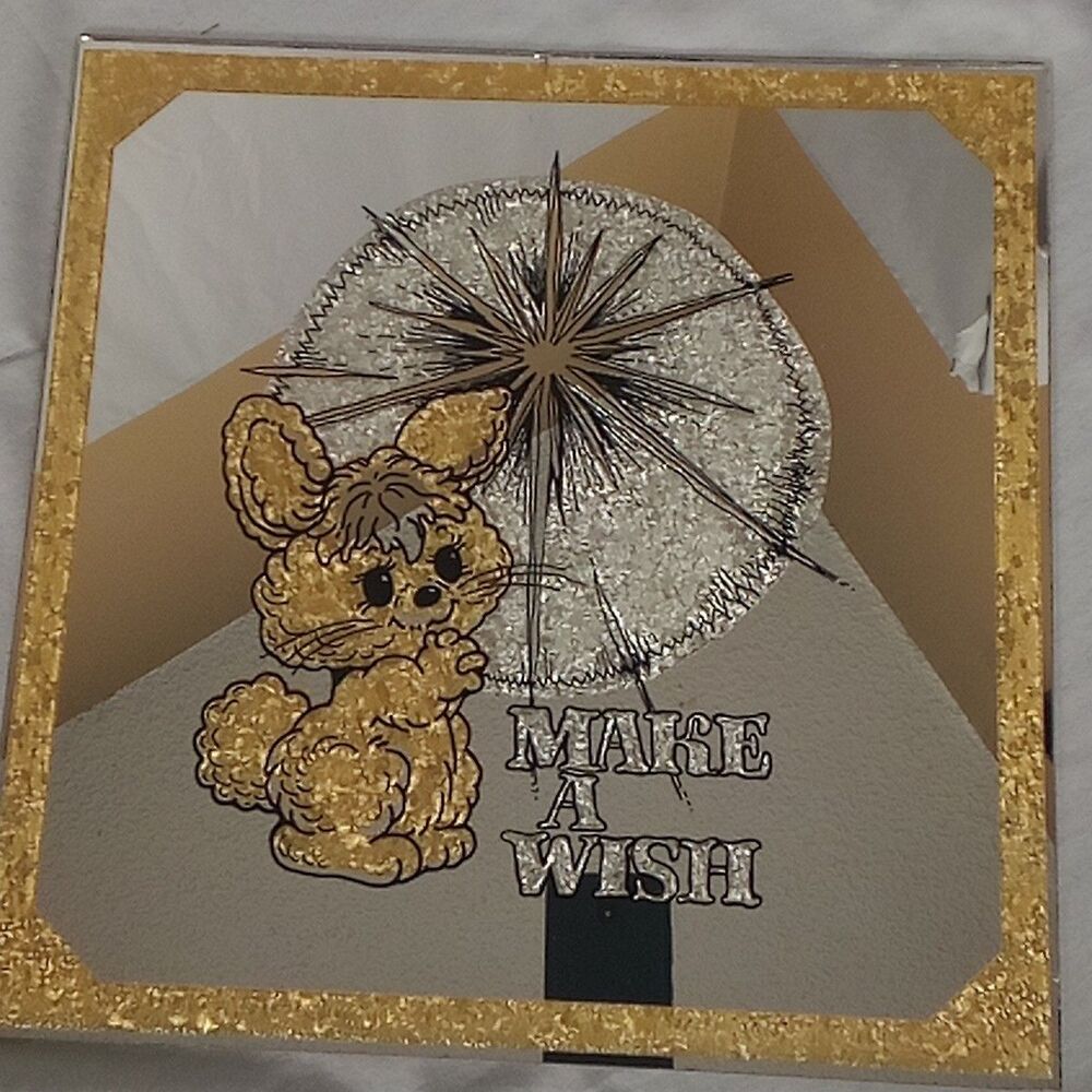Wall Tile Mirror Art Gold Silver Cute Bunny Make A Wish Vintage Square Glass
